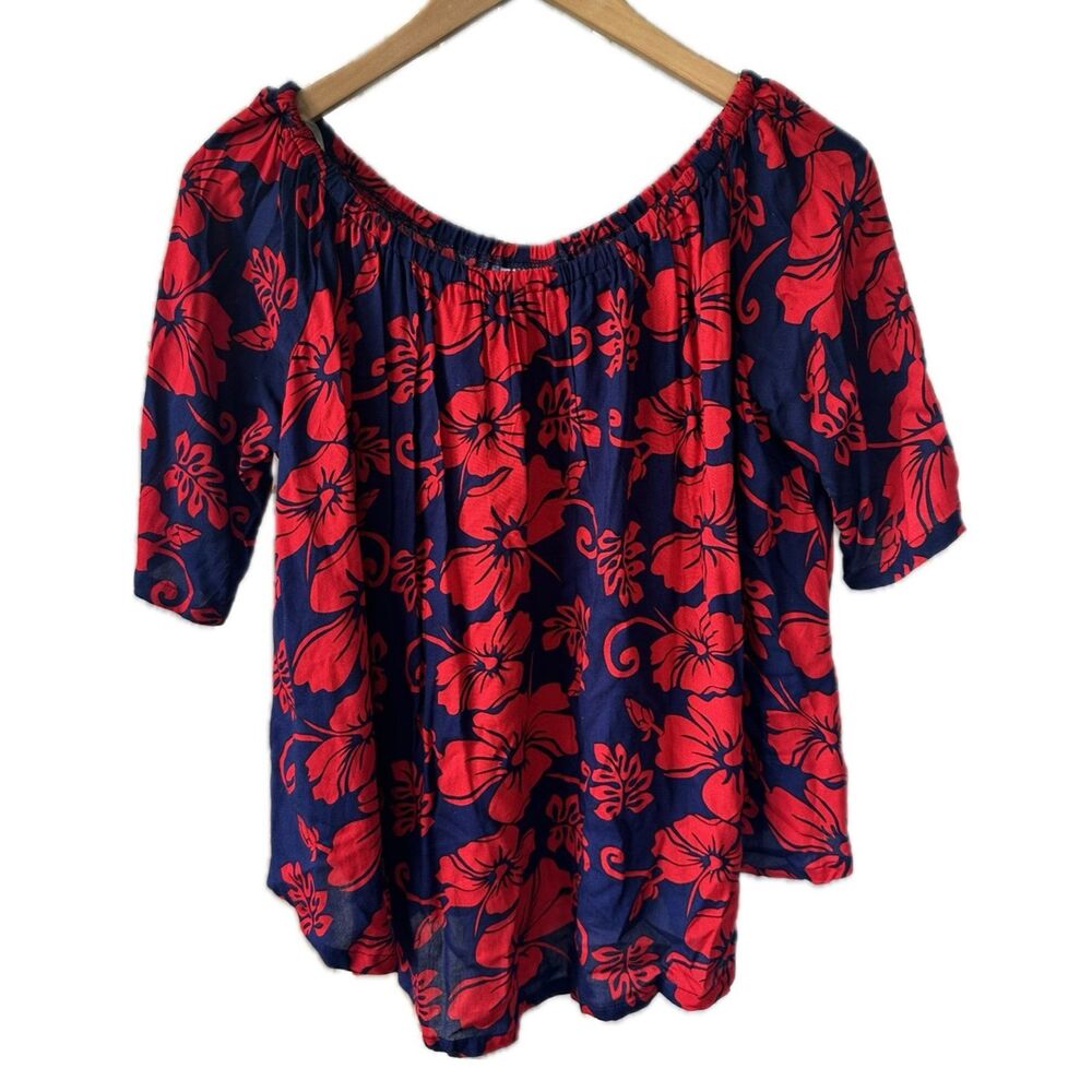 Hula Mama Maternity Hawaiian Aloha Hibiscus Tropical Floral Flowy Blouse S